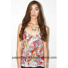 2016 New Ladies Woven Trim Paisley Printed Top